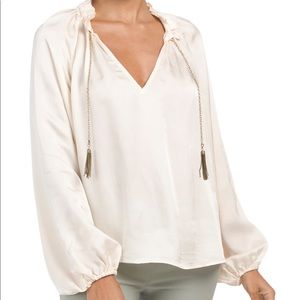 NWT Johnny Was “Calme “peasant blouse beige soft pink tassel top boho, Size XS/S